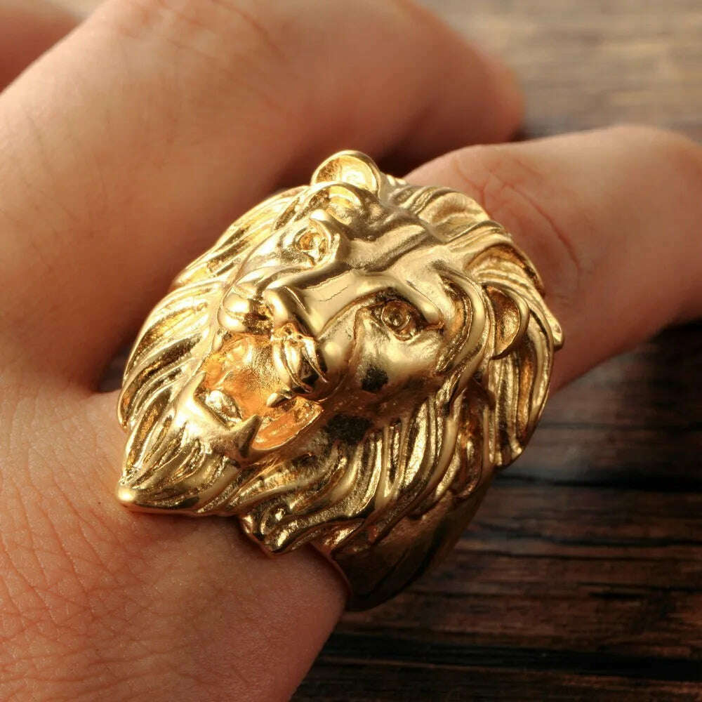 KIMLUD, Male ring fashion electroplating golden lion titanium steel ring, KIMLUD Womens Clothes