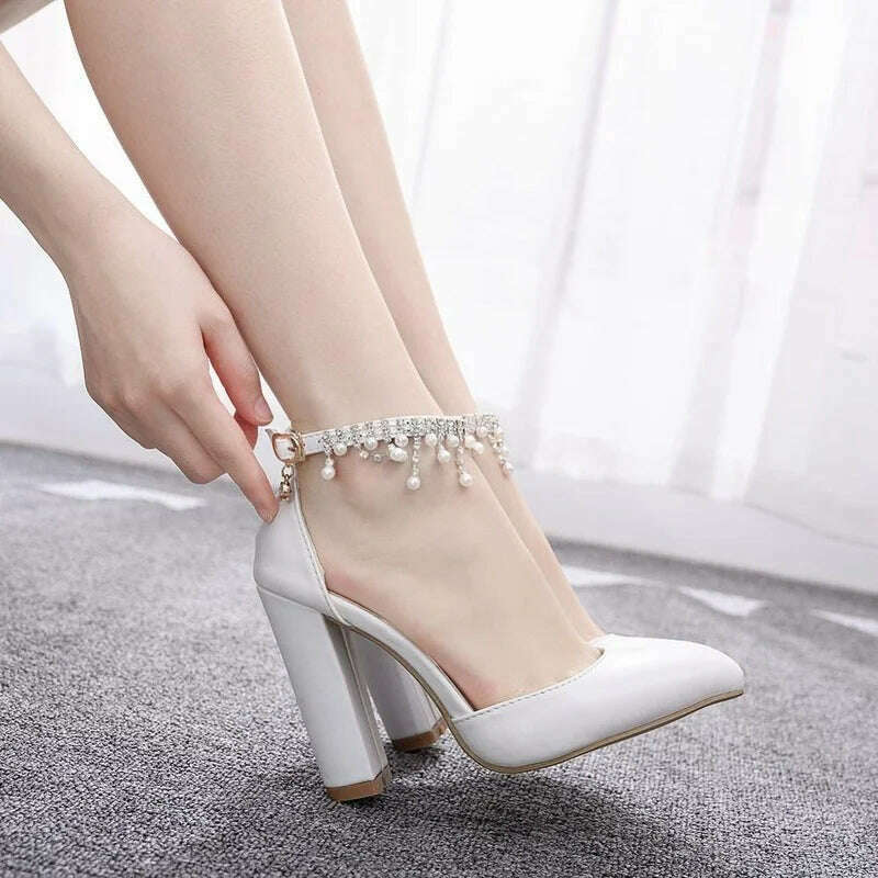 KIMLUD, Maogu Woman Wedding High Heels Elegant Medium Heel Women's Shoes 2023 Pearl Rhinestone Ladies White Pumps Crystal Buckle Strap, KIMLUD Womens Clothes