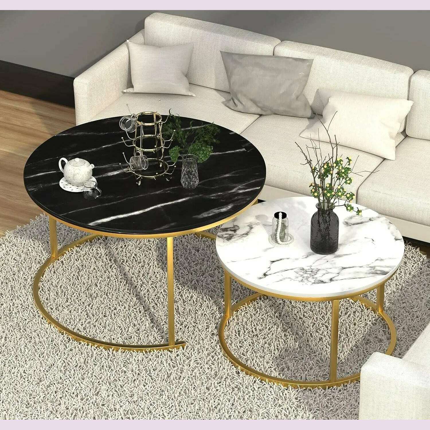 KIMLUD, Marble Nesting Golden Coffee Table 31.5In Large Set of 2, Steel Frame Circular and Round Wooden Tables 31in, Living Room Bedroom, KIMLUD Womens Clothes