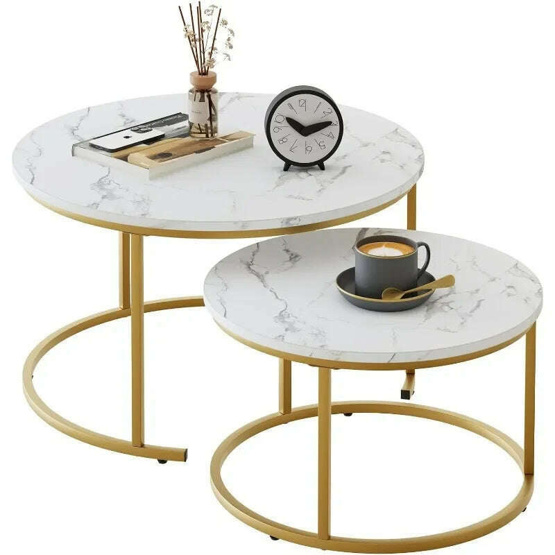 KIMLUD, Marble Nesting Golden Coffee Table 31.5In Large Set of 2, Steel Frame Circular and Round Wooden Tables 31in, KIMLUD Womens Clothes