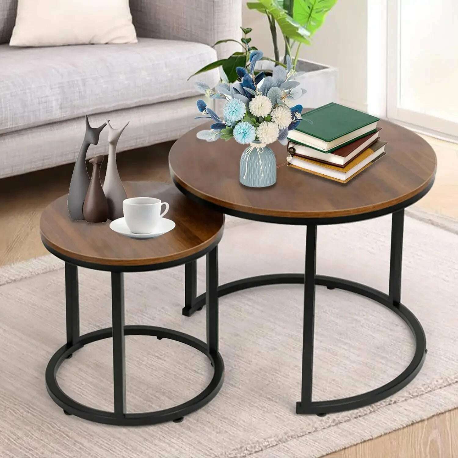 KIMLUD, Marble Nesting Golden Coffee Table 31.5In Large Set of 2, Steel Frame Circular and Round Wooden Tables 31in, 23.6 In Brown / United States, KIMLUD APPAREL - Womens Clothes