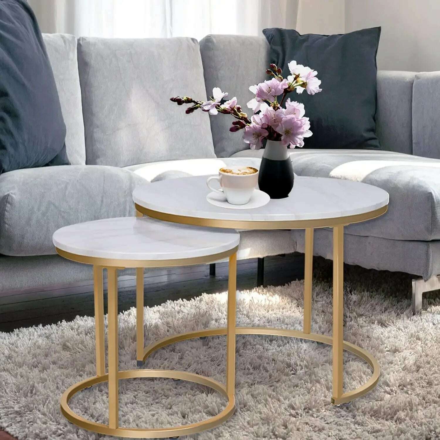 KIMLUD, Marble Nesting Golden Coffee Table 31.5In Large Set of 2, Steel Frame Circular and Round Wooden Tables 31in, 23.6 In White Marble / United States, KIMLUD APPAREL - Womens Clothes