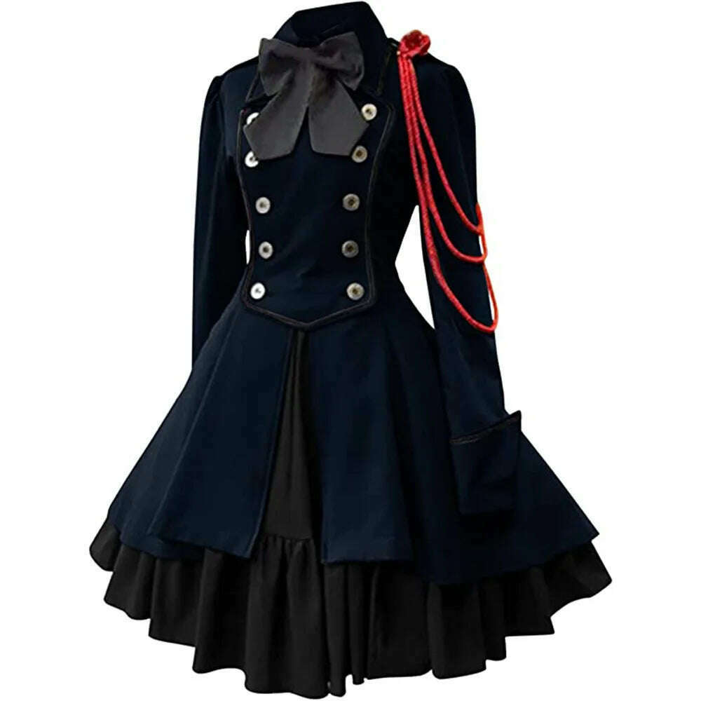 KIMLUD, Medieval Cosplay Costumes Retro Gothic Lace Up Chain Bow Lolita Maid Dress Long Sleeves Ruffle Classic Slim Knee Sweet Dress, KIMLUD Womens Clothes