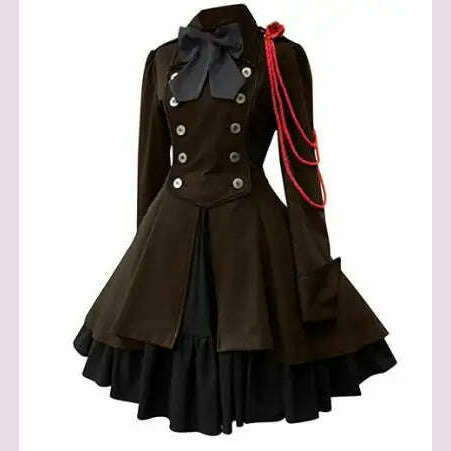 KIMLUD, Medieval Cosplay Costumes Retro Gothic Lace Up Chain Bow Lolita Maid Dress Long Sleeves Ruffle Classic Slim Knee Sweet Dress, dark brown / S / medieval costume, KIMLUD APPAREL - Womens Clothes