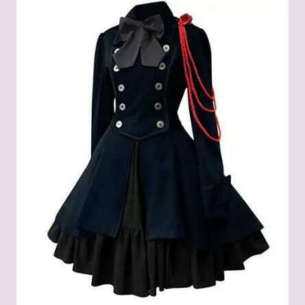 KIMLUD, Medieval Cosplay Costumes Retro Gothic Lace Up Chain Bow Lolita Maid Dress Long Sleeves Ruffle Classic Slim Knee Sweet Dress, dark blue / S / medieval costume, KIMLUD APPAREL - Womens Clothes