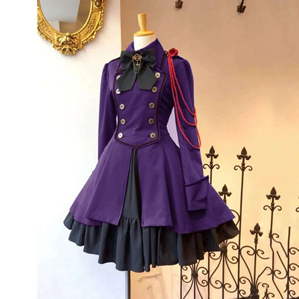 KIMLUD, Medieval Cosplay Costumes Retro Gothic Lace Up Chain Bow Lolita Maid Dress Long Sleeves Ruffle Classic Slim Knee Sweet Dress, purple / 5XL / medieval costume, KIMLUD APPAREL - Womens Clothes