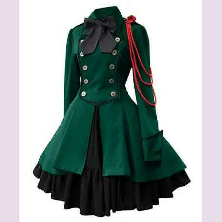 KIMLUD, Medieval Cosplay Costumes Retro Gothic Lace Up Chain Bow Lolita Maid Dress Long Sleeves Ruffle Classic Slim Knee Sweet Dress, green / S / medieval costume, KIMLUD APPAREL - Womens Clothes