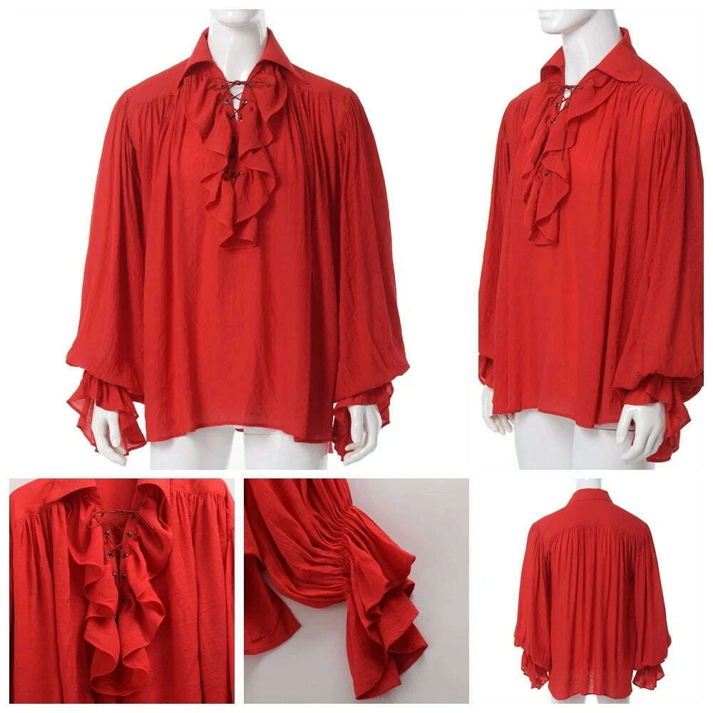 KIMLUD, Medieval Halloween Costumes Autumn Casual Shirts Steampunk Cosplay Bandage Long Sleeve Ruffled Shirt Gothic Blouse Tops, red shirt / XL, KIMLUD APPAREL - Womens Clothes