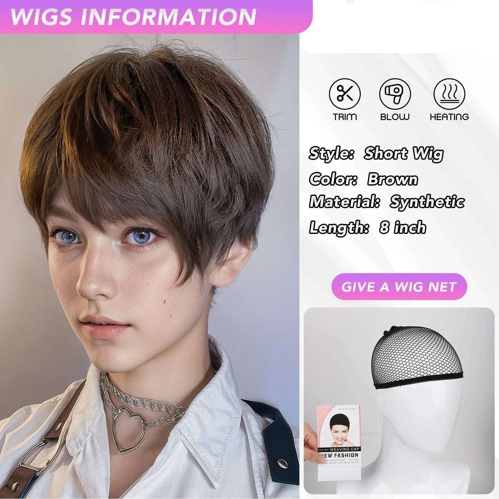 KIMLUD, MEISU 8 Inch ShortBrown Stairght Bangs Wig Mens Wig Fiber Synthetic Wig Heat-resistant Non-Glare Natural Cosplay Daily For Man, KIMLUD Womens Clothes