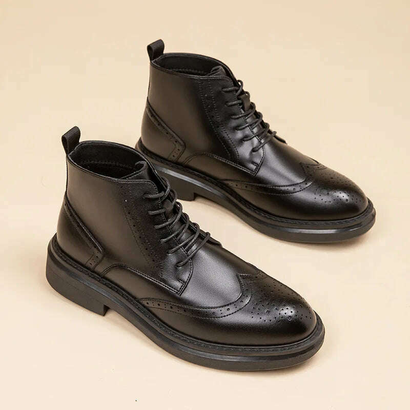 men casual business wedding genuine leather boots black brown carved brogue shoes cowboy autumn winter boot platform ankle botas - KIMLUD