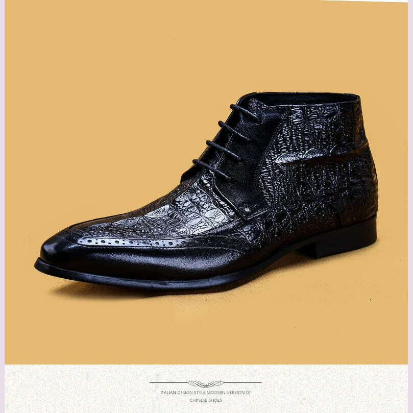 KIMLUD, Men Genuine Cow Leather Crocodile Winter Texture Ankle Chelsea Boots Brogue Flat Lace Up Dress Shoes 2020, KIMLUD Womens Clothes