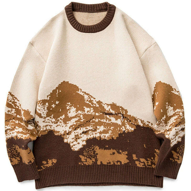 Men Hip Hop Streetwear Harajuku Sweater Vintage Japanese Style Snow Mountain Knitted Sweater Winter Casual Pullover Knitwear - KIMLUD