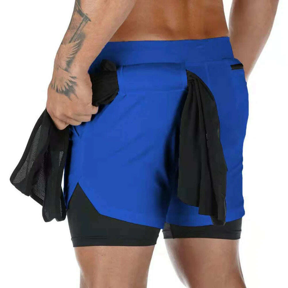 KIMLUD, Men Running Shorts 2 In 1 Double-deck Sport Shorts Sportswear Gym Fitness Short Pants Training Jogging Bottom Men's Clothing, Blue / XXL(80-90kg), KIMLUD APPAREL - Womens Clothes