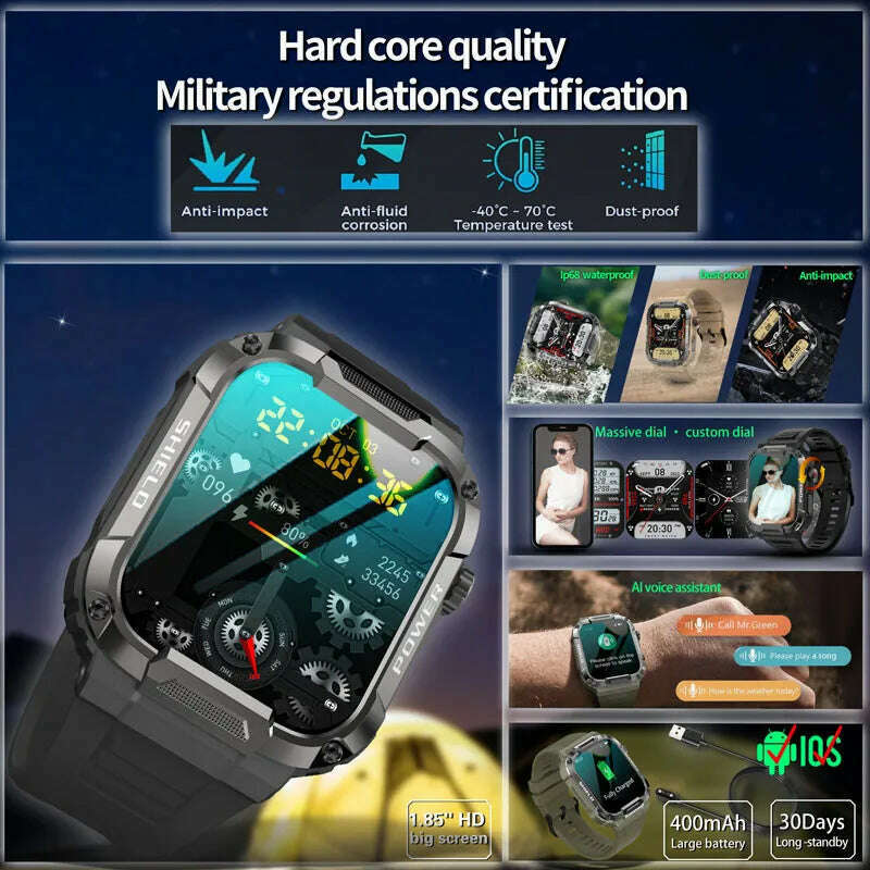 KIMLUD, Men Smart Watch Military Healthy Monitor AI Voice Bluetooth Call Fitness Waterproof Sports Smartwatch for IOS Android Phone 2023, KIMLUD Womens Clothes