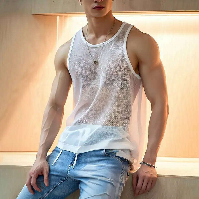 Men Tank Tops Solid O-neck Sleeve Mesh Transparent Sexy Vests Streetwear 2023 Fashion Party Casual Men Clothing S-5XL INCERUN - KIMLUD