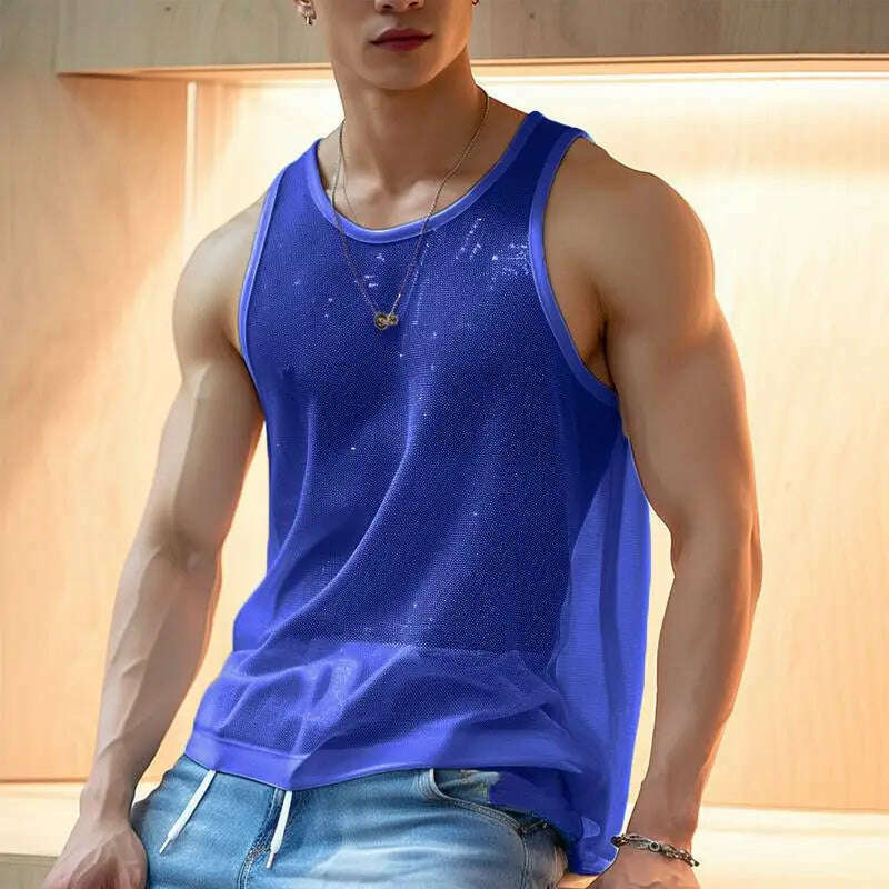 KIMLUD, Men Tank Tops Solid O-neck Sleeve Mesh Transparent Sexy Vests Streetwear 2023 Fashion Party Casual Men Clothing S-5XL INCERUN, Blue / L / CHINA, KIMLUD APPAREL - Womens Clothes