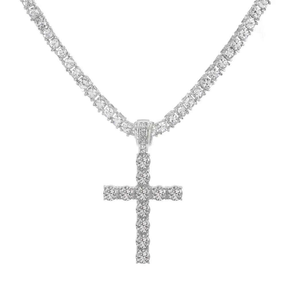 KIMLUD, Men Women Hip Hop Cross Shiny Pendant With 4mm Zircon Tennis Chain Charm Iced Out Bling Exquisite Necklace Jewelry Fashion Gift, MB017S-TC002 / 18inch(45cm), KIMLUD APPAREL - Womens Clothes