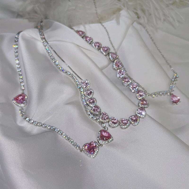 KIMLUD, MENGJIQIAO Korean Trendy Sweet Pink Crystal Heart Necklace For Women Girls Elegant Zircon Snake Chain Choker Collares Jewelry, KIMLUD Womens Clothes