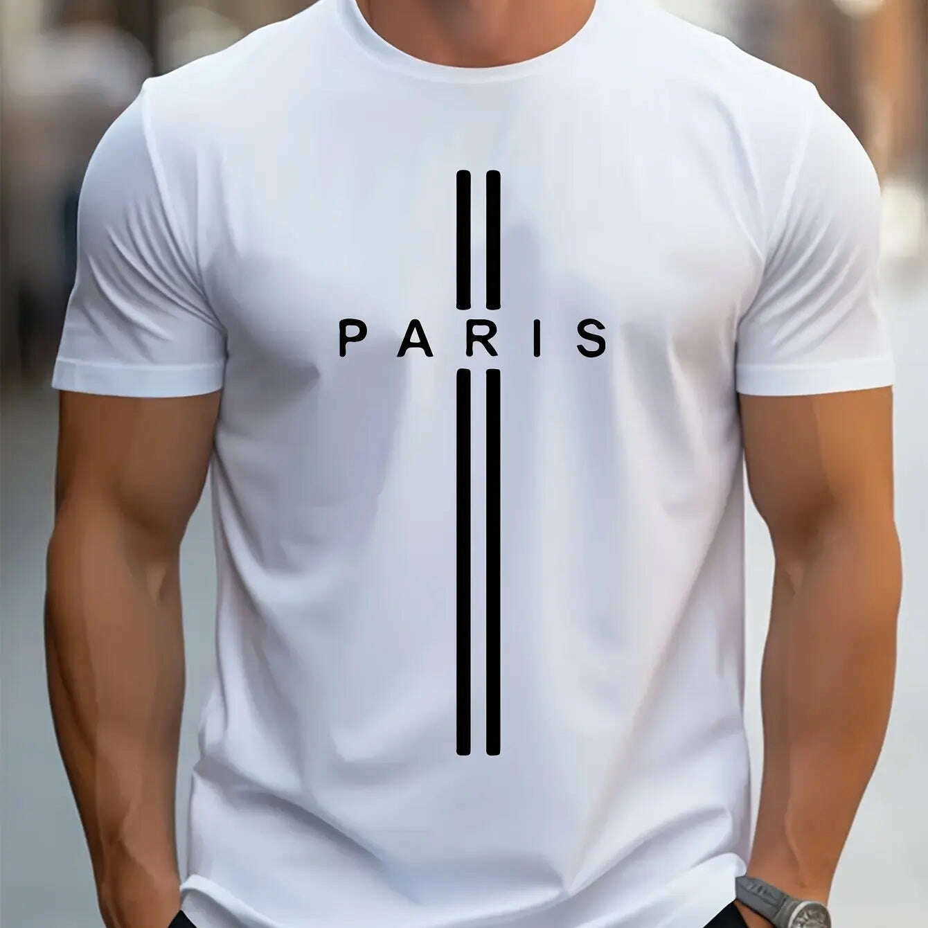 KIMLUD, Men's 100% pure cotton summer loose fitting oversized Paris print casual slim fit round neck short sleeved T-shirt top, A0376-Paris-bai / L, KIMLUD APPAREL - Womens Clothes