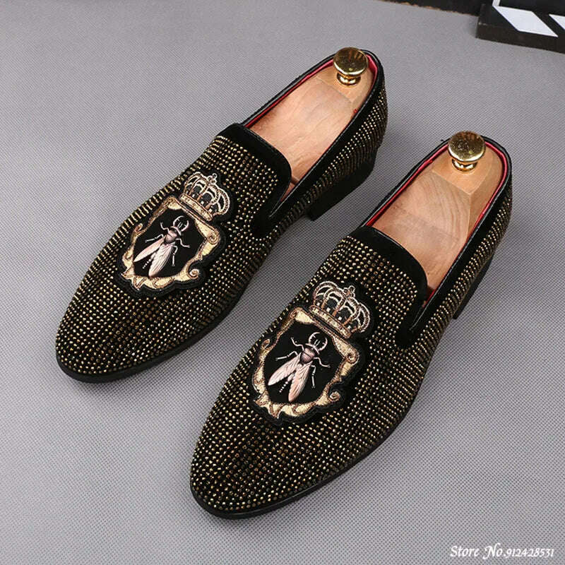 Mens British Rhinestone Embroidery Flats Dress Gentleman Shoes Male Wedding Homecoming Evening Footwear Sapato Social Masculino - KIMLUD