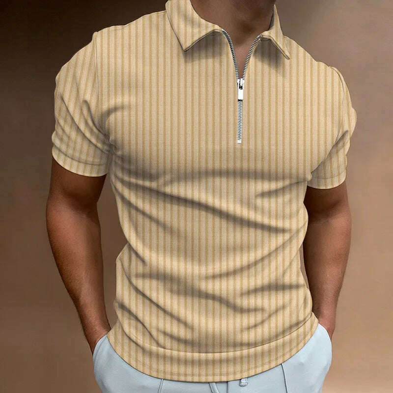 KIMLUD, Men's Fashion Polo Shirts 2023 Summer Stripe Zipper Mens Polo Shirt Solid T-Shirt Brand Short-Sleeved Shirt Casual Slim Tops, 2023khaki / XXXL, KIMLUD APPAREL - Womens Clothes