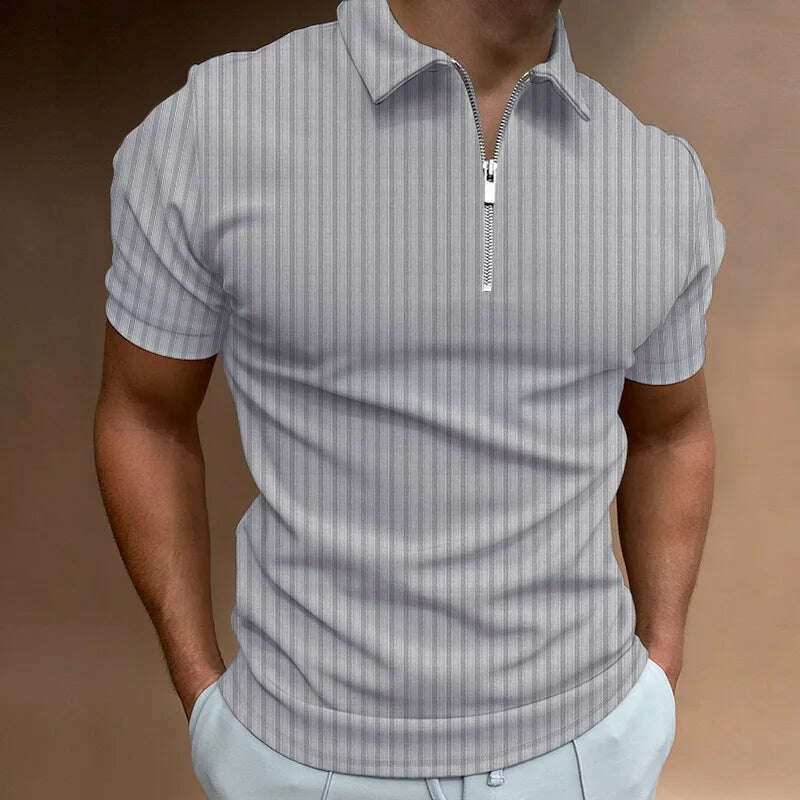 Men's Fashion Polo Shirts 2023 Summer Stripe Zipper Mens Polo Shirt Solid T-Shirt Brand Short-Sleeved Shirt Casual Slim Tops - KIMLUD