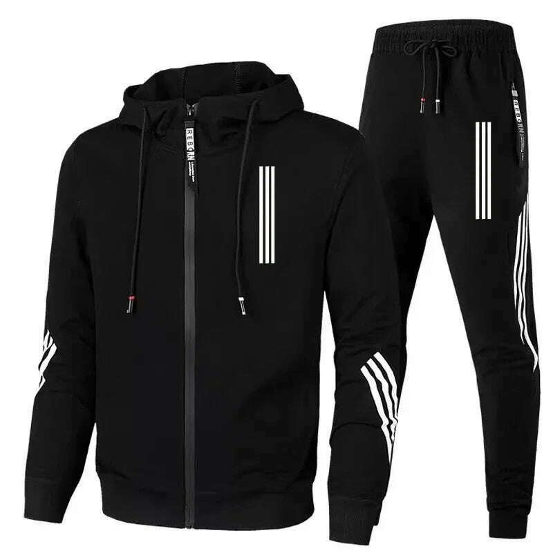 KIMLUD, Men's Hoodies+Pants Two Piece Sets Triple Slant Hoodie Jacket Sport Zipper Tracksuits Sports Jogging Male Fitness Clothing2024, 5 / L, KIMLUD APPAREL - Womens Clothes