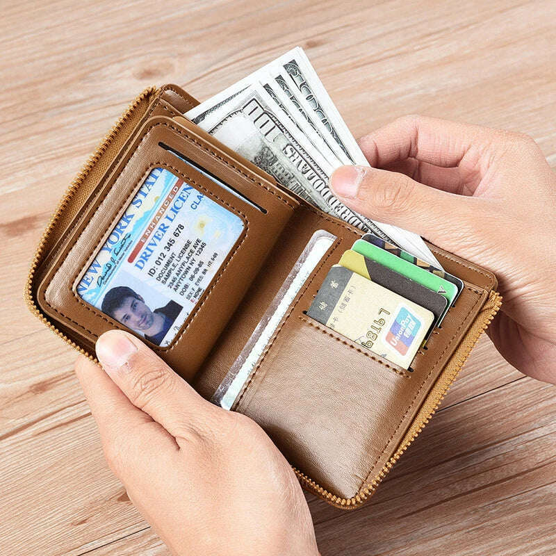 Mens Wallet Leather Business Card Holder Zipper Purse Luxury Wallets for Men RFID Protection Purses Carteira Masculina Luxury - KIMLUD