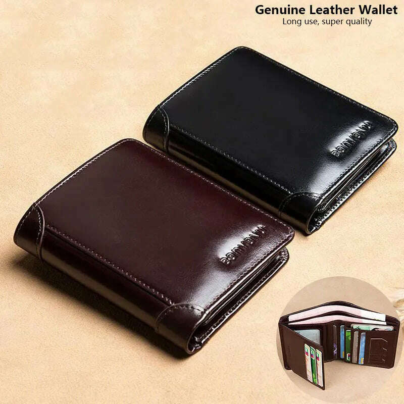 Men's Wallets RFID Blocking Genuine Leather Trifold Business Short Purse Wallet for Men with ID Window and Credit Card Holder - KIMLUD