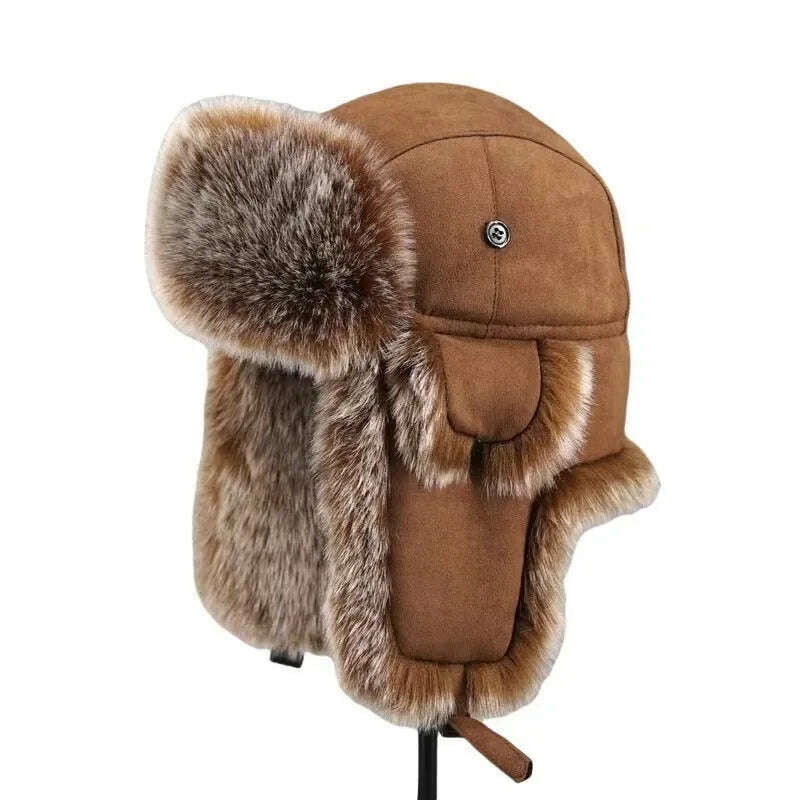 KIMLUD, Men's Winter Trapper Aviator Trooper Earflap Warm Russian Waterproof Ski Hat Bomber Cap Russian Warm Ear Protectors Hats, Camel / One Size, KIMLUD APPAREL - Womens Clothes