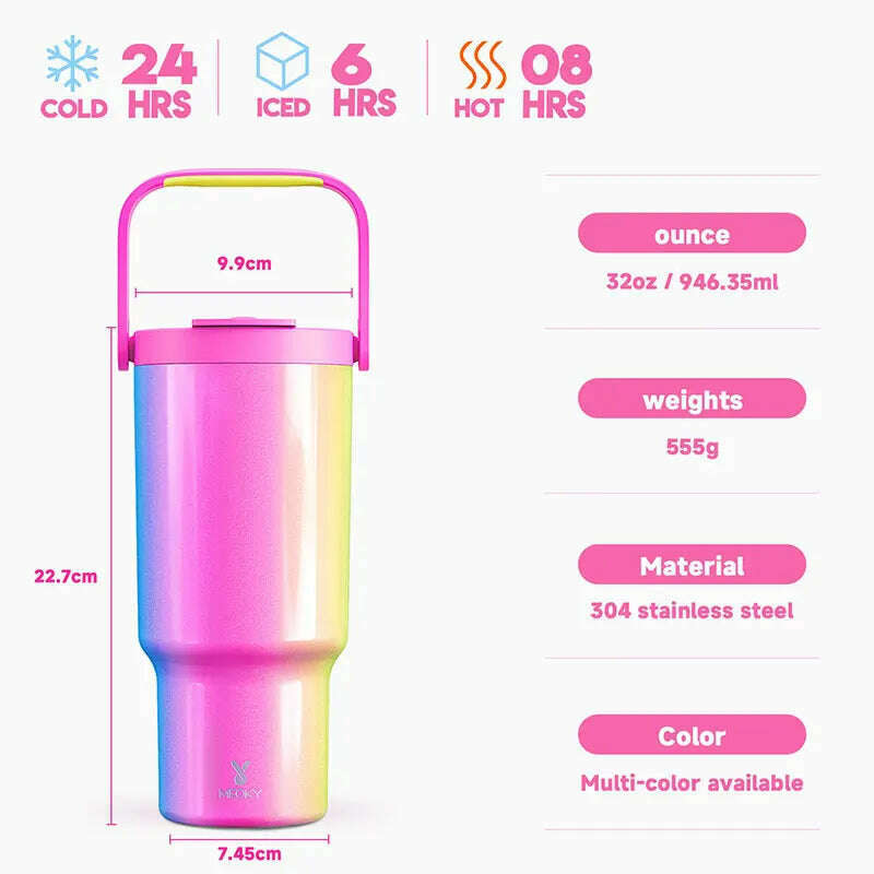 KIMLUD, Meoky 32oz Tumbler with Carry Handle Multiple Prints Stainless Steel Insulated Vacuum Coffee Mug Thermal Milk Tea Travel Car Mug, KIMLUD Womens Clothes