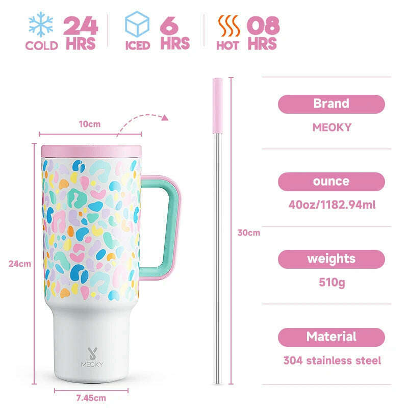 KIMLUD, Meoky 40oz Tumbler Handle Straw Thermos Cup Multiple Prints Stainless Steel Bottle Vacuum Insulated Car Mug Best Christmas Gifts, Colored Leopard / 40oz 1182ml, KIMLUD APPAREL - Womens Clothes