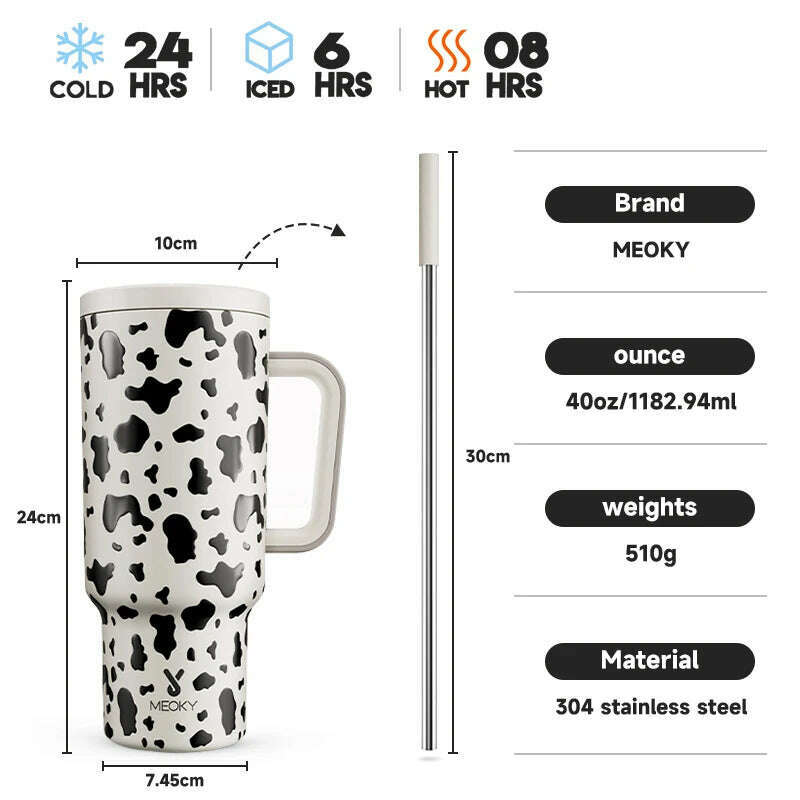 KIMLUD, Meoky 40oz Tumbler Handle Straw Thermos Cup Multiple Prints Stainless Steel Bottle Vacuum Insulated Car Mug Best Christmas Gifts, Cow Prints / 40oz 1182ml, KIMLUD APPAREL - Womens Clothes