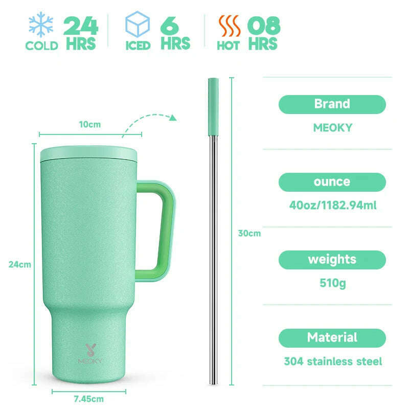 KIMLUD, Meoky 40oz Tumbler Handle Straw Thermos Cup Multiple Prints Stainless Steel Bottle Vacuum Insulated Car Mug Best Christmas Gifts, Light Green / 40oz 1182ml, KIMLUD APPAREL - Womens Clothes