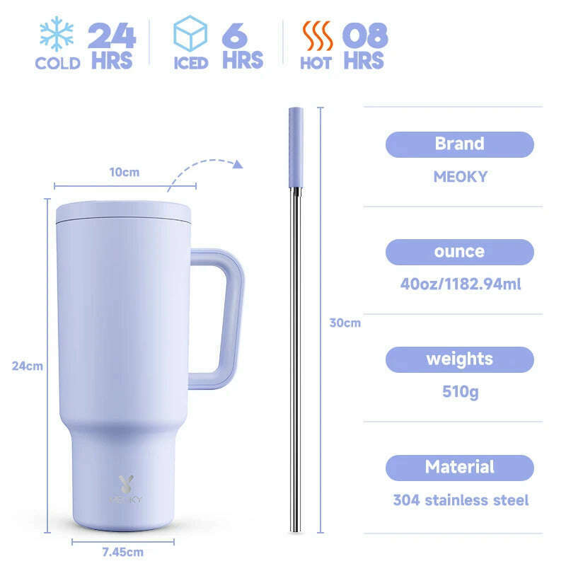 KIMLUD, Meoky 40oz Tumbler Handle Straw Thermos Cup Multiple Prints Stainless Steel Bottle Vacuum Insulated Car Mug Best Christmas Gifts, Light Purple / 40oz 1182ml, KIMLUD APPAREL - Womens Clothes