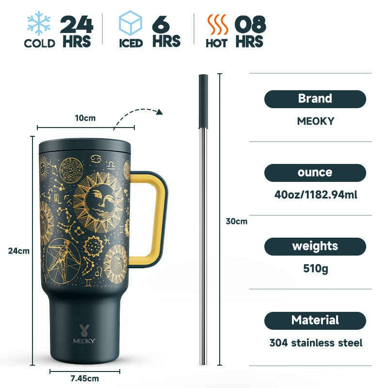 KIMLUD, Meoky 40oz Tumbler Handle Straw Thermos Cup Multiple Prints Stainless Steel Bottle Vacuum Insulated Car Mug Best Christmas Gifts, Tarot / 40oz 1182ml, KIMLUD APPAREL - Womens Clothes