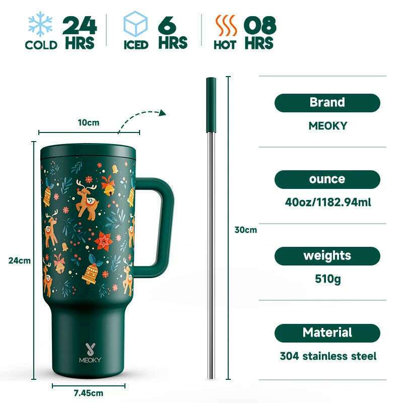 KIMLUD, Meoky 40oz Tumbler Handle Straw Thermos Cup Multiple Prints Stainless Steel Bottle Vacuum Insulated Car Mug Best Christmas Gifts, KIMLUD Womens Clothes