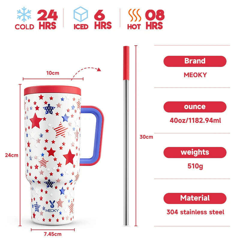 KIMLUD, Meoky 40oz Tumbler Handle Straw Thermos Cup Multiple Prints Stainless Steel Bottle Vacuum Insulated Car Mug Best Christmas Gifts, Stars / 40oz 1182ml, KIMLUD APPAREL - Womens Clothes