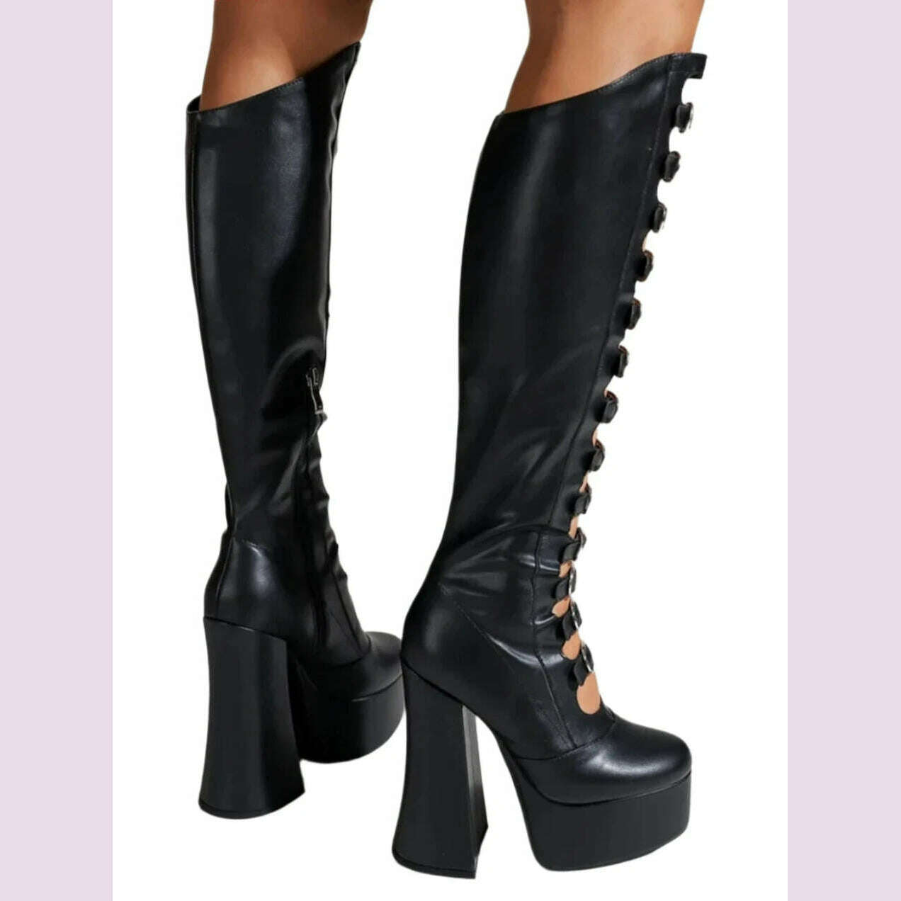 Metal Buckle Knee High Boots Hollow Large Size Round Toe Side Zipper Platform Women Boots Spring Autumn Punk Fashion Boots - KIMLUD