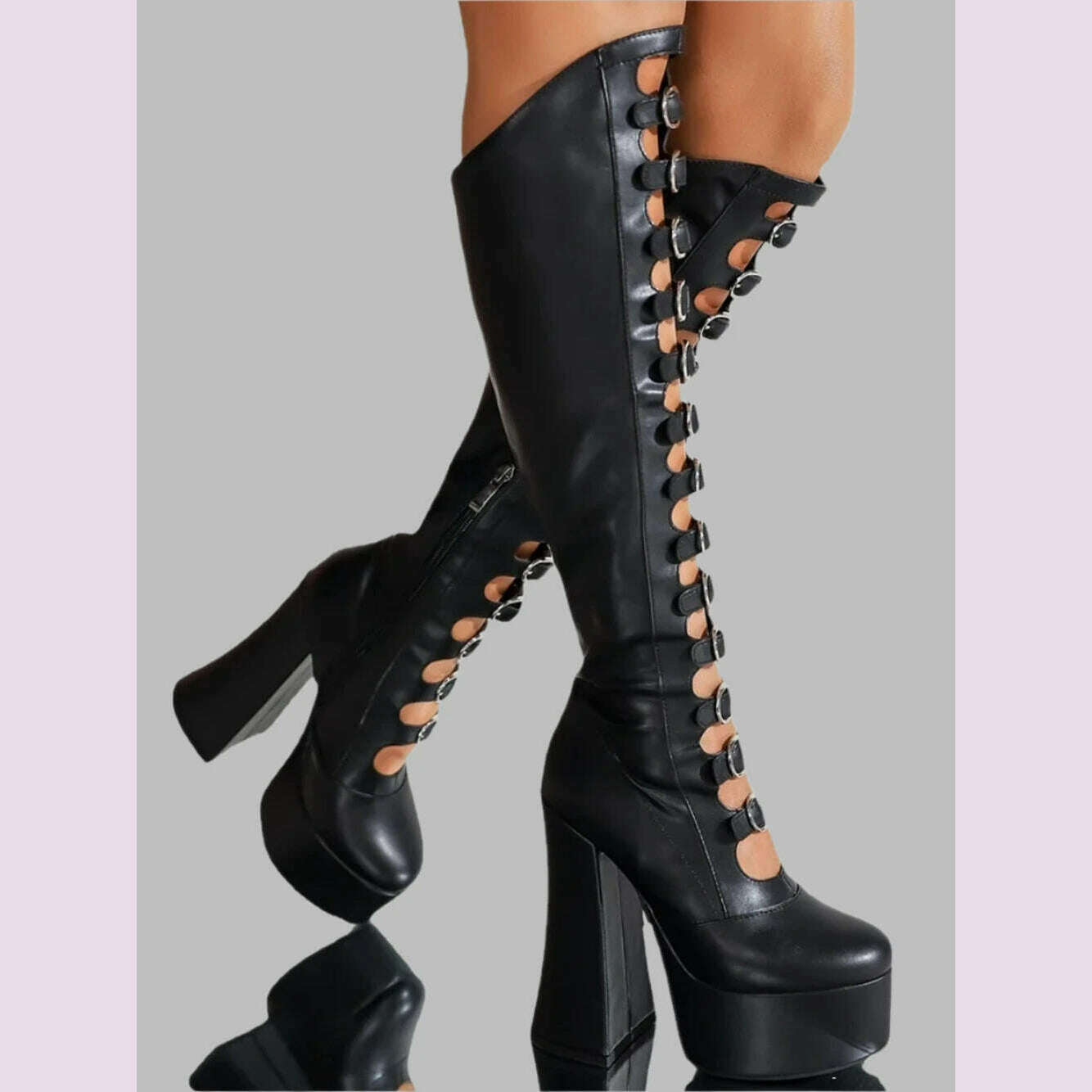 Metal Buckle Knee High Boots Hollow Large Size Round Toe Side Zipper Platform Women Boots Spring Autumn Punk Fashion Boots - KIMLUD