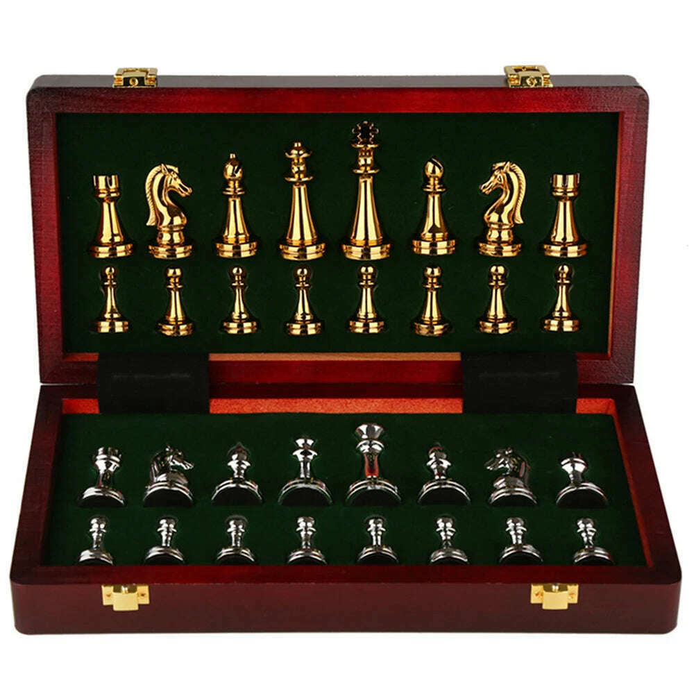 KIMLUD, Metal Medieval Chess Set with High Quality Wooden Chessboard Adult and Children 32 Metal Chess Pieces Family Game Toy Gift, KIMLUD Womens Clothes