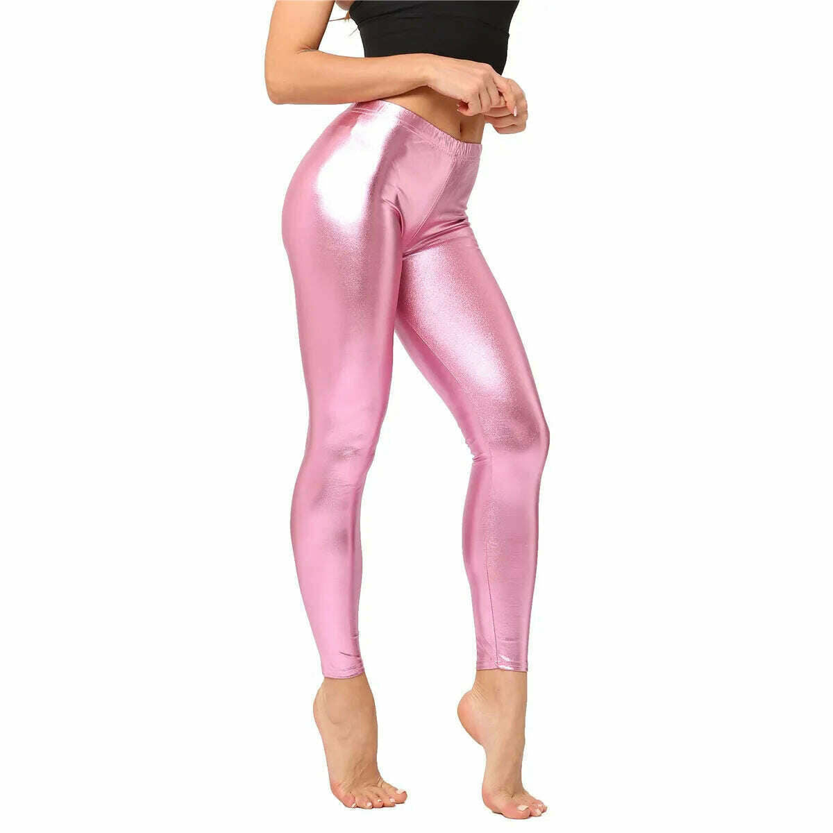 KIMLUD, Metallic Color PU Leggings Women Faux Leather Pants Dancing Party Pant Sexy Night Club Skinny Costume Pants Tight Trousers, Pink / One size 50kg below, KIMLUD APPAREL - Womens Clothes