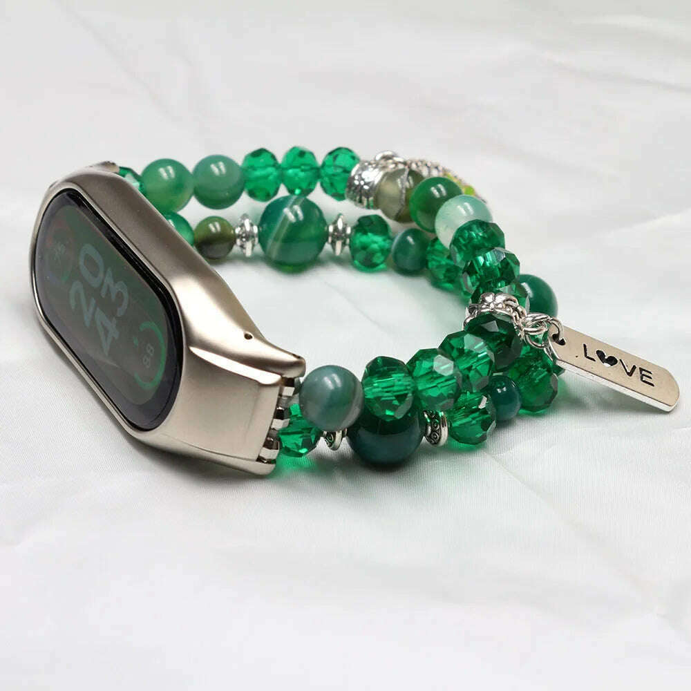 KIMLUD, Mi band 7 strap green bracelet for Xiaomi mi band 7 bands for woman luxury agate crystal beads elastic watchband dressy Luxury, KIMLUD Womens Clothes