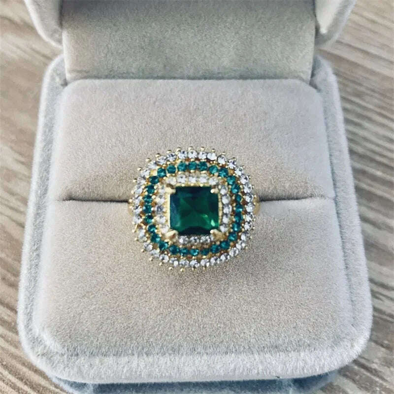 Milangirl Luxury Inlaid Pave Rings Engagement Green Zircon Women Ring Large Square Stone Crystal Valentines - KIMLUD