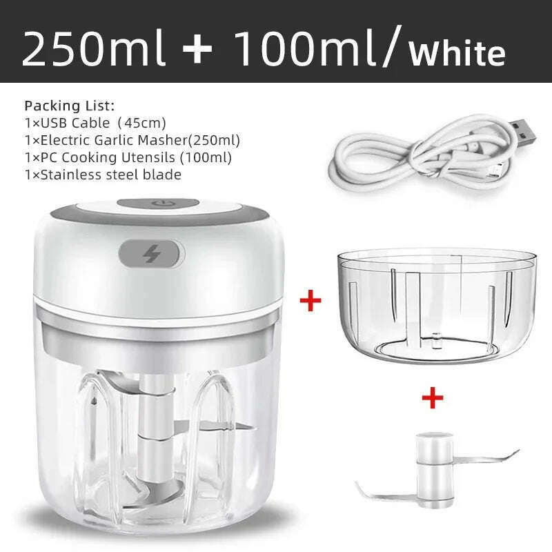 KIMLUD, Mini Wireless Electric Garlic Crusher 100ml/250ml Portable Chopper USB Charging Ginger Chili Vegetable Masher Machine Kitchen, 105-2Cups-White, KIMLUD APPAREL - Womens Clothes