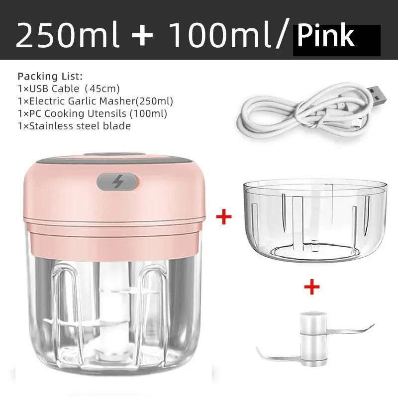 KIMLUD, Mini Wireless Electric Garlic Crusher 100ml/250ml Portable Chopper USB Charging Ginger Chili Vegetable Masher Machine Kitchen, 105-2Cups-Pink, KIMLUD APPAREL - Womens Clothes