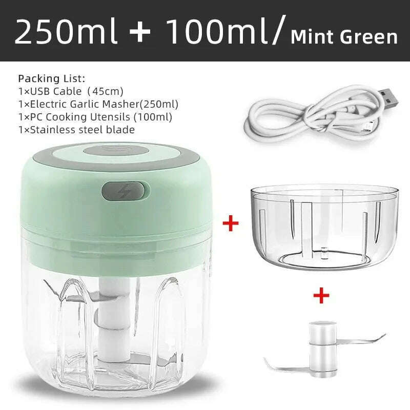 KIMLUD, Mini Wireless Electric Garlic Crusher 100ml/250ml Portable Chopper USB Charging Ginger Chili Vegetable Masher Machine Kitchen, 105-2Cups-Green, KIMLUD APPAREL - Womens Clothes