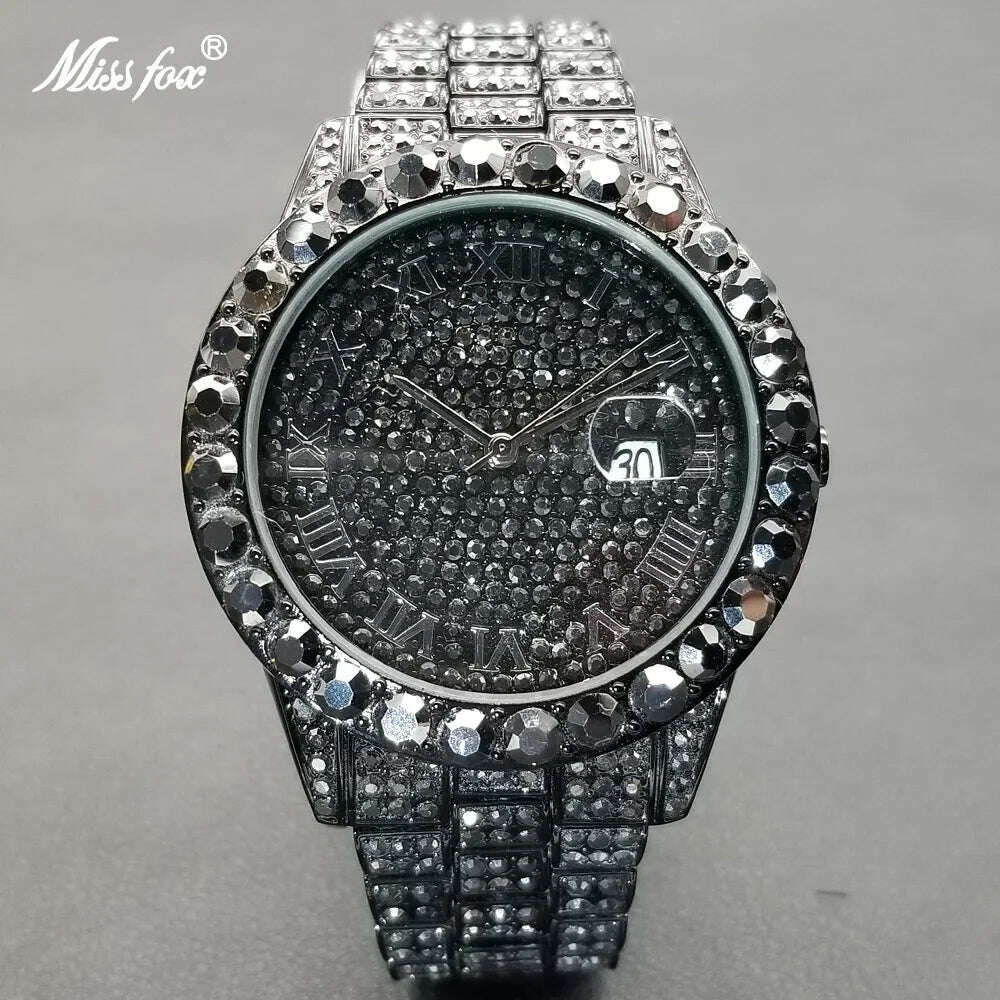 KIMLUD, MISSFOX Hip Hop Men Watches Brand Luxury Roman Ice Out Automatic Date Male Wristwatch Full Diamond Waterproof Luminous Watch New, 2643 Black / Yes / CHINA, KIMLUD APPAREL - Womens Clothes