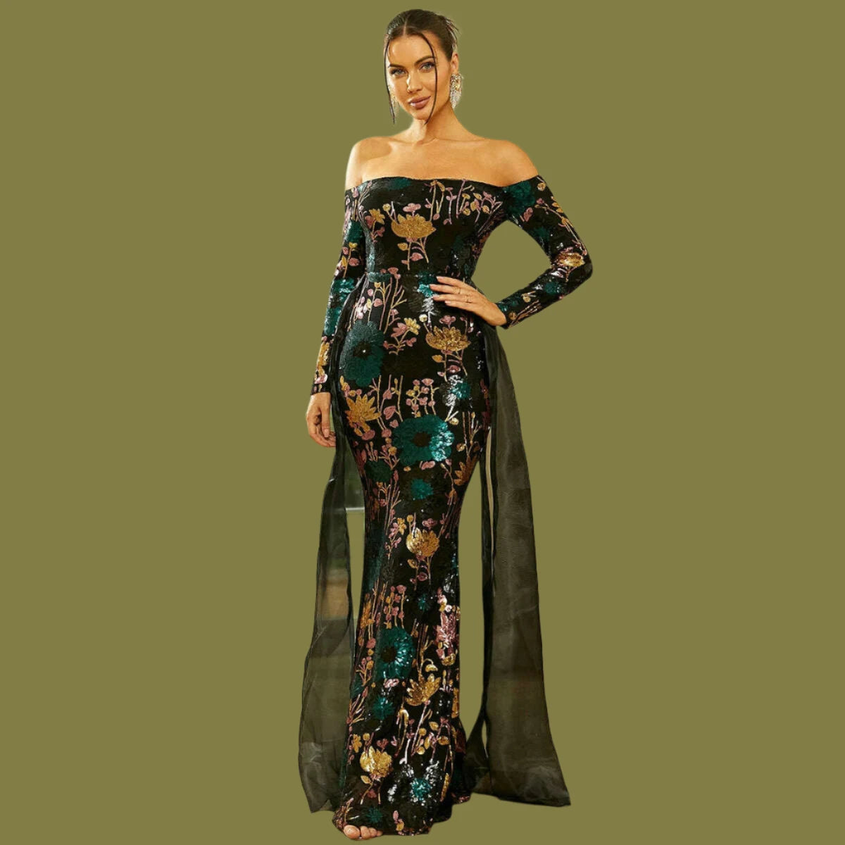 KIMLUD, Missord Floral Sequin Wedding Party Dress With Train Elegant Women Off Shoulder Long Sleeve Bodycon Evening Prom Dresses Gown, KIMLUD Womens Clothes