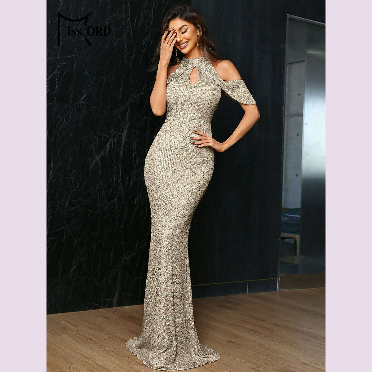 KIMLUD, Missord Rose Gold Sequin Evening Dresses Women Elegant High Collar Raglan Sleeve Cut-Out Bodycon Maxi Party Dress Long Prom Gown, KIMLUD Womens Clothes